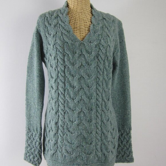 Irelands Eye Womens L Teal Blue Green Wool Cashmere V Neck Cable Knit Sweater - Picture 1 of 10